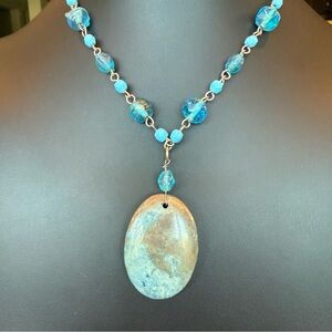 Blue Ocean Jasper Opaque Chalcedony Oval Stone Pendant Necklace Silver Tone